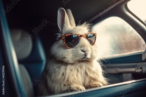 rabbit in sunglasses inside the car - bunny created with generative AI technology © Damian