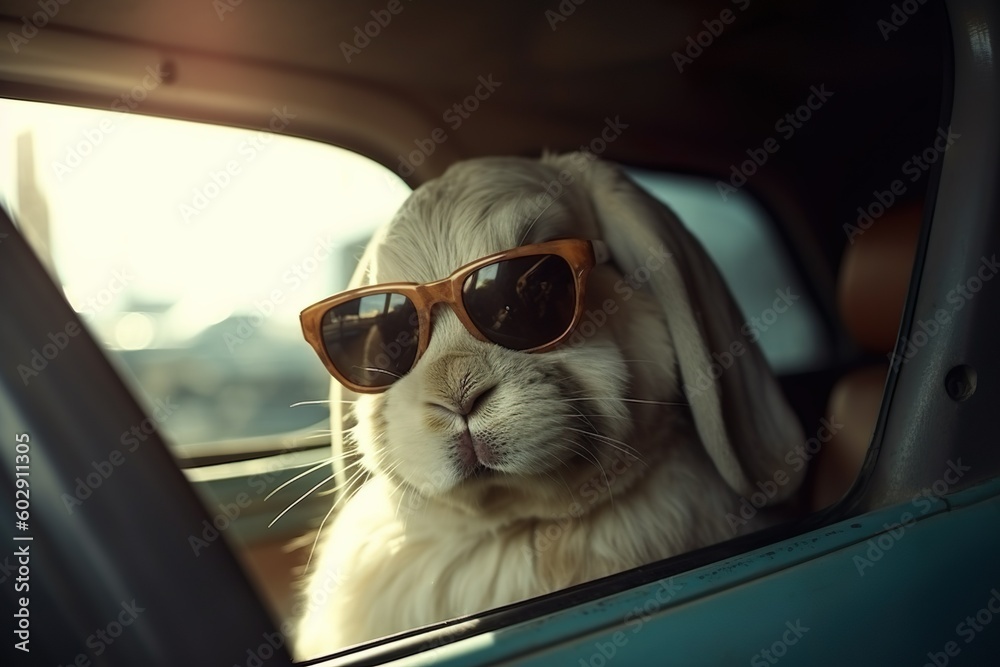 rabbit in sunglasses inside the car - bunny created with generative AI technology
