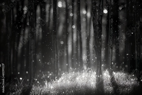 Black and white illustration of glitter emerald background, forest litter night style - created with generative AI technology
