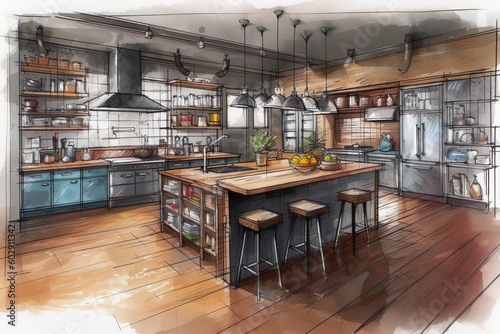 Hand drawn colorful modern kitchen furniture, chairs and table in sketch style - created with generative AI technology