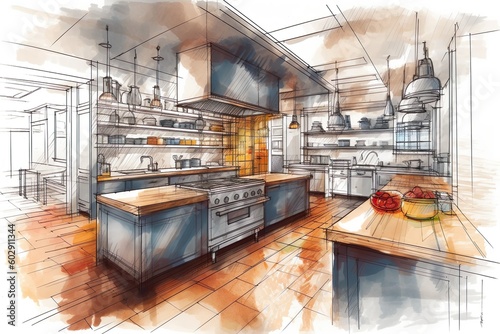 Hand drawn colorful modern kitchen furniture, sketch style - created with generative AI technology