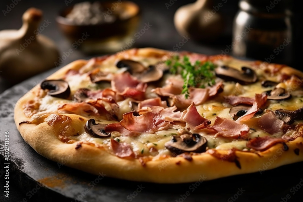 Prosciutto and Mushroom with Carbonara Pizza, Generative AI Prosciutto and Mushroom with Carbonara Pizza, Generative AI