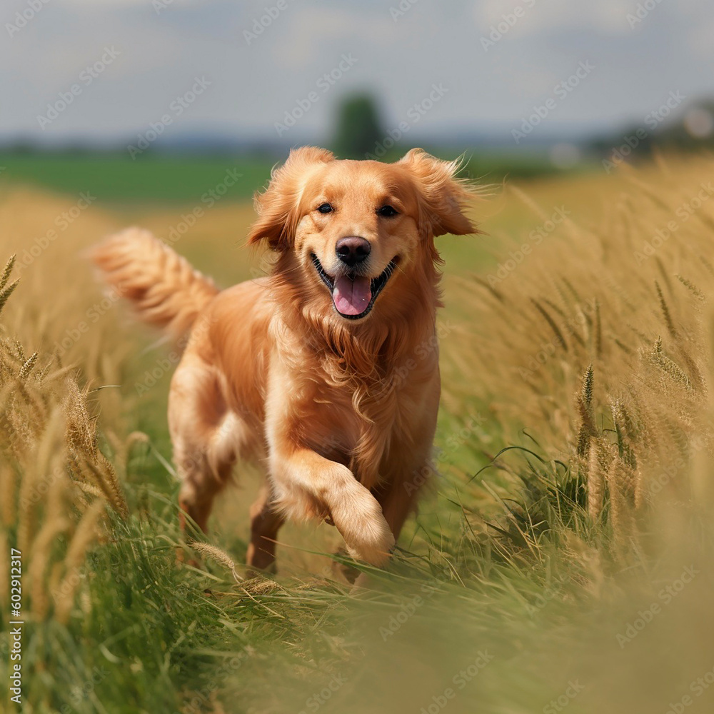 Golden retriever runs along the road in the field. Generative ai Golden retriever runs along the road in the field. Generative ai