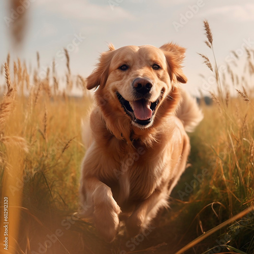 Golden retriever runs along the road in the field. Generative ai