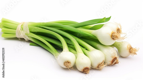 A bunch of green onions on a white background Generative AI