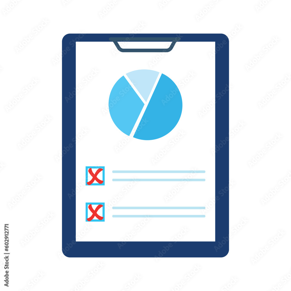 Document icon with pie chart and red crosses. Document with red crosses. Checklist icon set with graph on white background Document icon with pie chart and red crosses. Document with red crosses. Checklist icon set with graph on white background