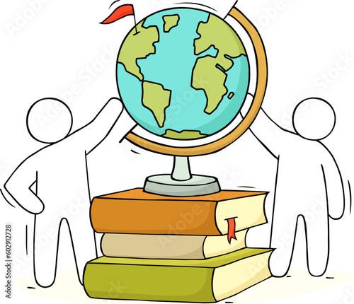 Doodle people, world globe map and books