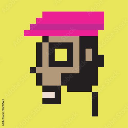 Crypto art NFT token. Male face in Pixel style, isolated on yellow background. Black brown skin man digital crypto art. Flat pixel man face character. Pixel avatar happy Crypto Guy with pink cap hat