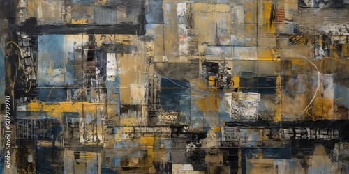 Urban Patchwork Symphony A Fusion of Grunge, Chicago Imagists, Eclectic Collage, and Blue-Sepia Masterpiece on a Grand Canvas AI generated photo