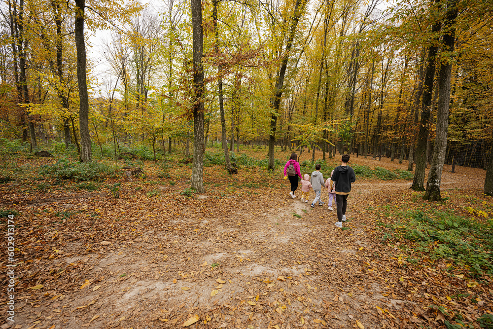Fototapeta premium Mother with kids on a walk in autumn forest.