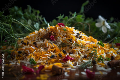 Aromatic spices and fresh herbs, a delicious way to enjoy rice  Generative AI