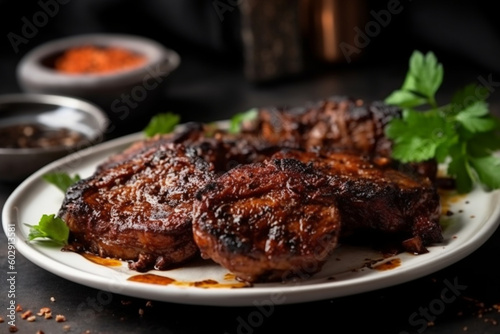 Grilled meat sizzles on a white plate, filling the air with delicious aromas Generative AI