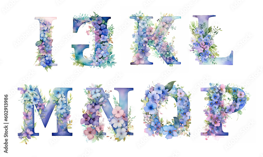 Watercolor cute letters with spring wildflowers. Pastel pink, blue, violet, lilac colors. Simple flowers, green leaves. Сapital letters of the English alphabet: i, j, k, l, m, n, o, p. AI generated - obrazy, fototapety, plakaty 