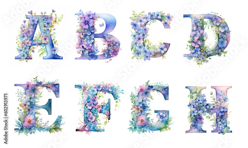 Watercolor cute letters with spring wildflowers. Pastel pink, blue, violet, lilac colors. Simple flowers, green leaves. Сapital letters of the English alphabet: a, b, c, d, e, f, g, h. AI generated