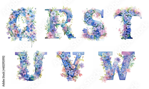 Watercolor cute letters with spring wildflowers. Pastel pink, blue, violet, lilac colors. Simple flowers, green leaves. Сapital letters of the English alphabet: q, r, s, t, u, v, w . AI generated photo