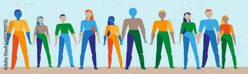 A diverse group of individuals, spanning different ages and social classes, stand side by side, united despite their differences, forming a harmonious and inclusive tableau.