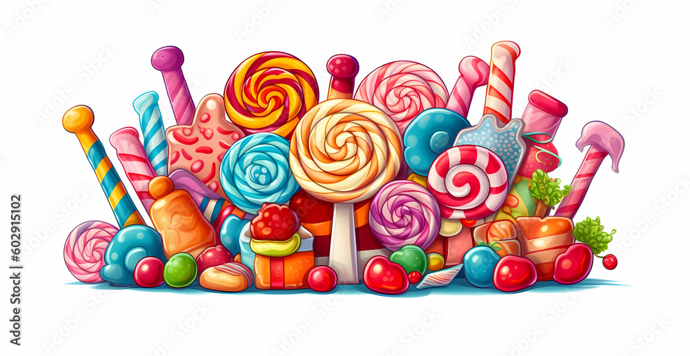 Cartoon candy desert, including lollypop. candy cane and more suger. Generated AI