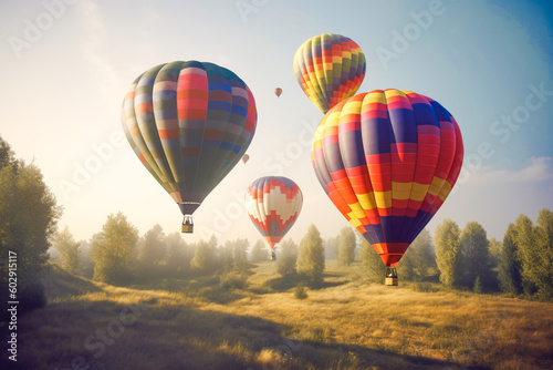 Colorful hot air balloons fly over green hills and tree-covered fields. Colorful hot air balloons on the blue sky with clouds are flying over the forest. Generative AI
