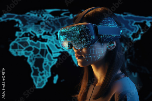 Office worker woman in vr helmet. Female using Virtual reality display in office tasks generative ai. © Roman