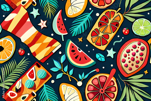 summer-themed patterns for swimwear with elements like tropical leaves, beach scenes, or summer fruits