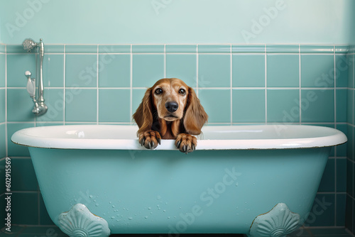dog sitting in bathtub, ai generated © wernerimages
