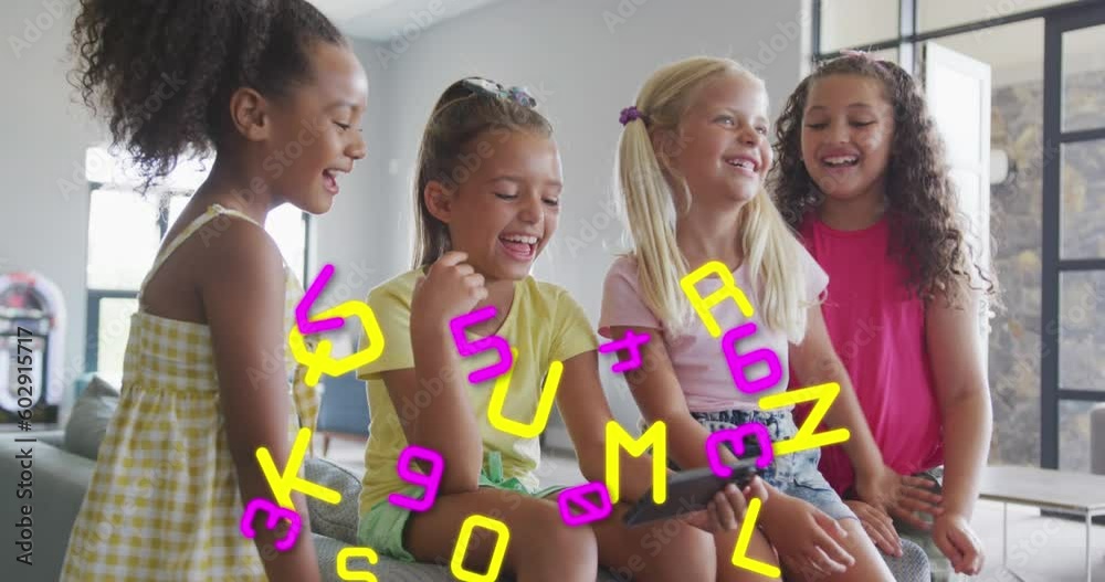 Animation of letters and numbers over happy diverse schoolgirls using smartphone at break time Animation of letters and numbers over happy diverse schoolgirls using smartphone at break time