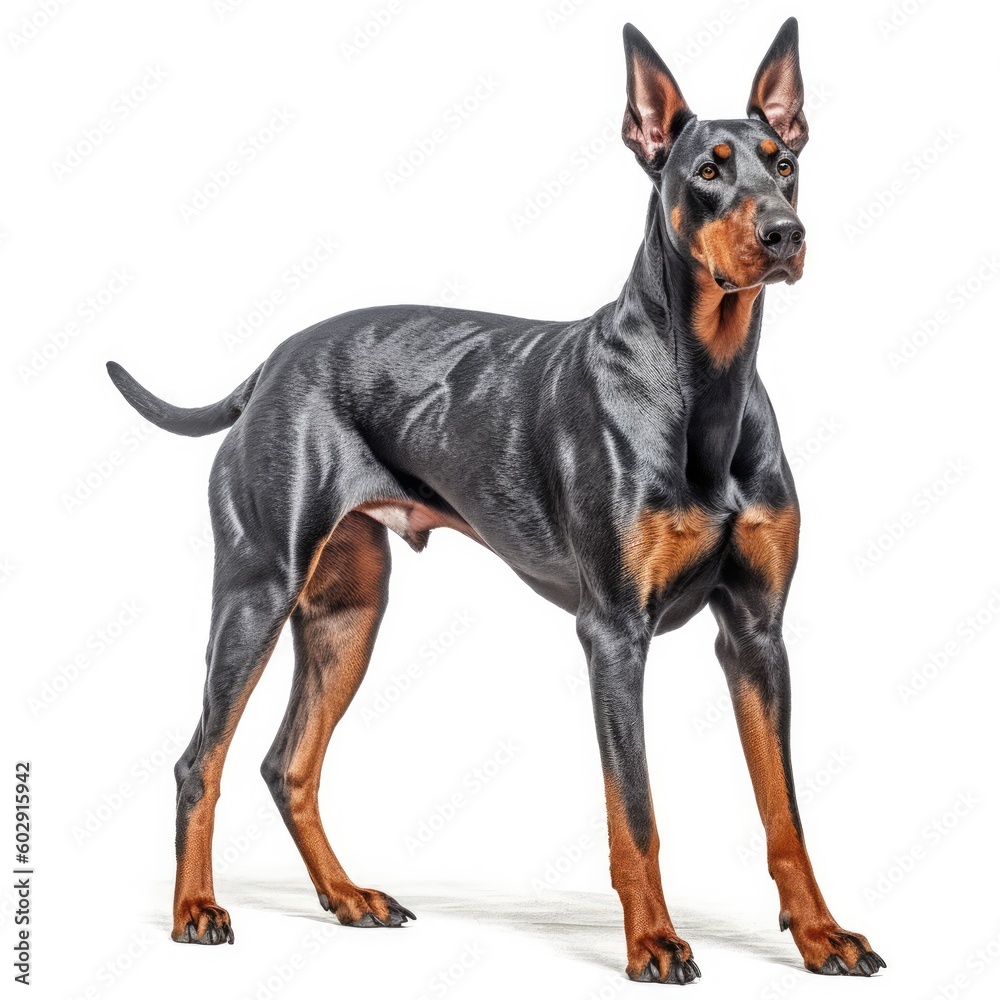 Doberman Pinscher standing in front of a white background