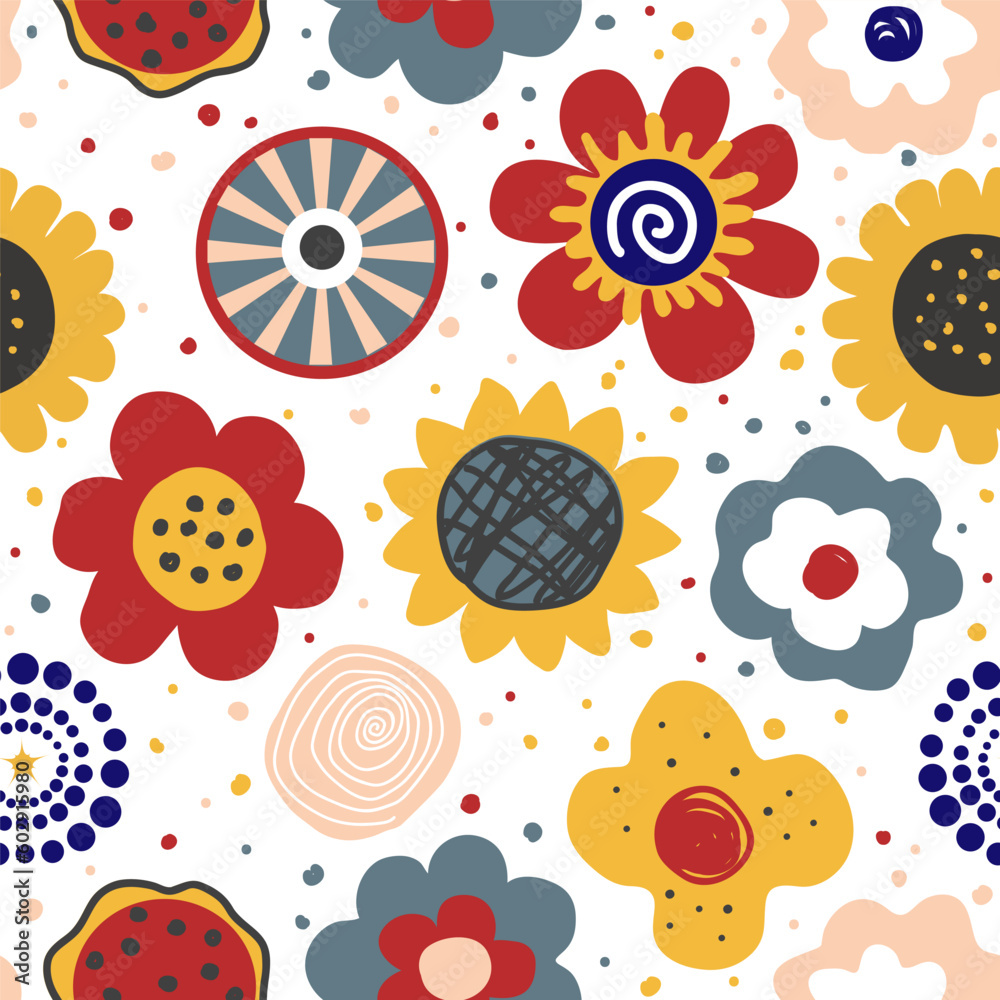 Cute hand drawn flowers seamless pattern. Nursery or rustic background in Scandinavian style. Design for textile, greetings, wallpapers, wrapping paper, card, banner. Vector illustration. Cute hand drawn flowers seamless pattern. Nursery or rustic background in Scandinavian style. Design for textile, greetings, wallpapers, wrapping paper, card, banner. Vector illustration.