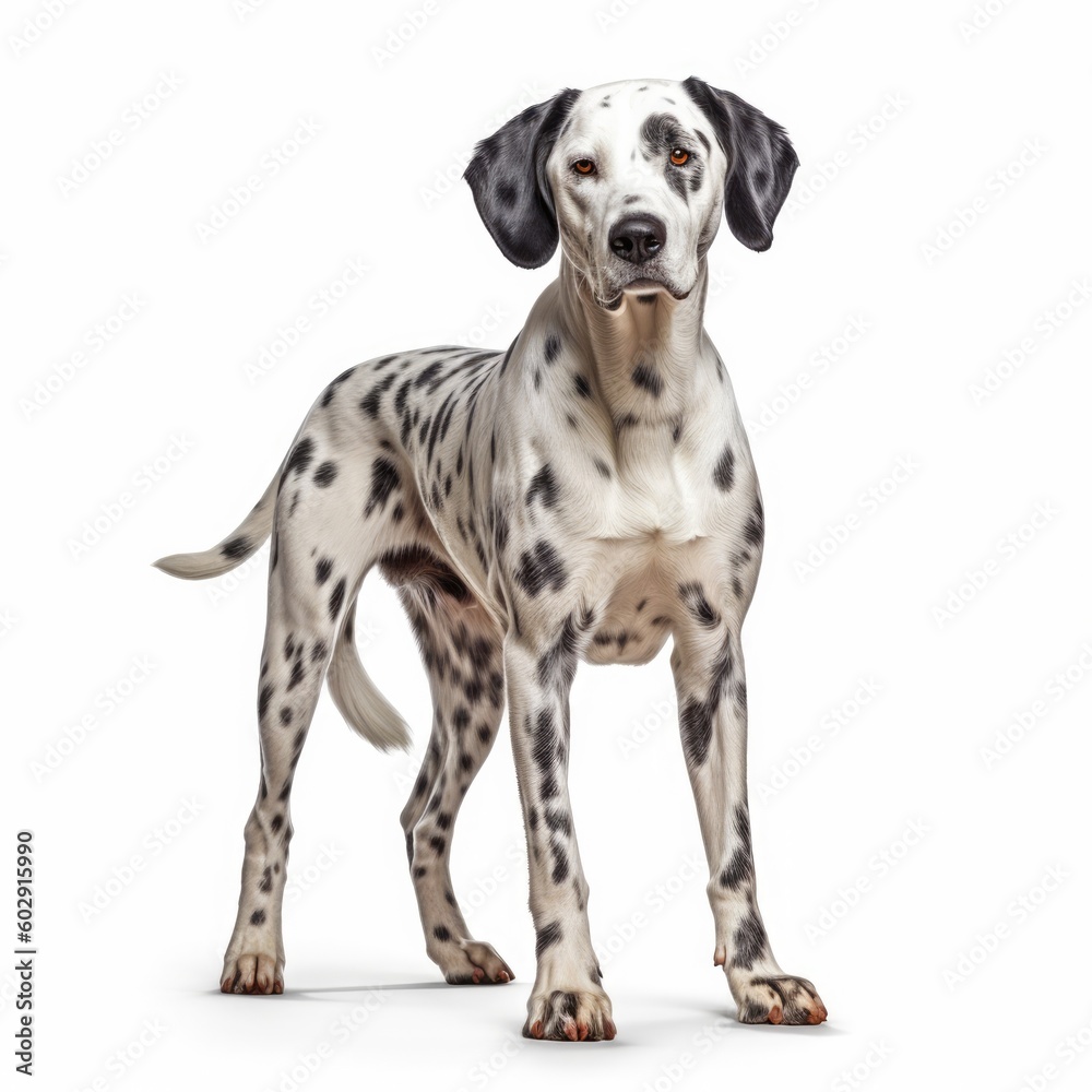 young Dalmatian dog standing and looking at camera isolated on white background. generative AI