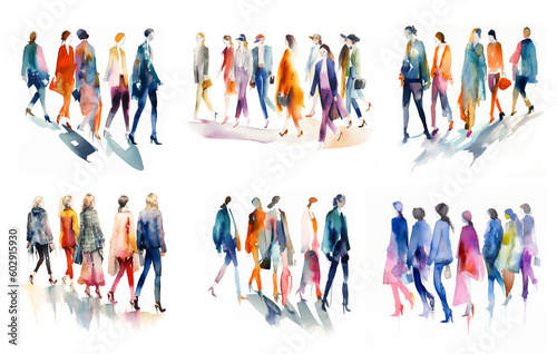 Set of illustrations: fashion sketch in watercolor group of people in full growth in fashionable clothes are walking. Generative ai.