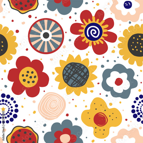 Cute hand drawn flowers seamless pattern. Nursery or rustic background in Scandinavian style. Design for textile, greetings, wallpapers, wrapping paper, card, banner. Vector illustration.