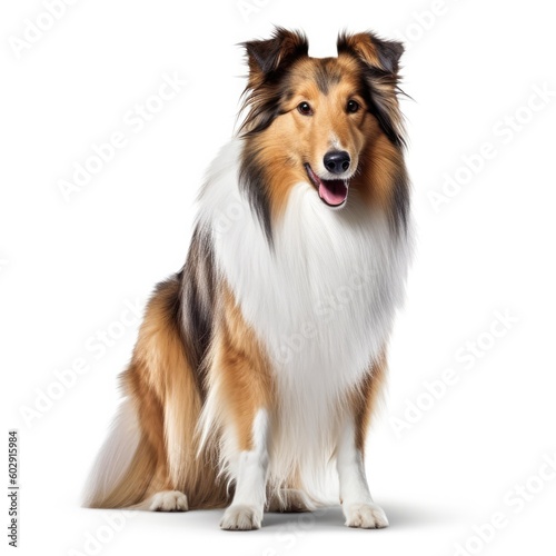 Collie dog sitting and looking at the camera, isolated on white. generative AI