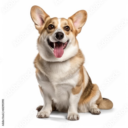 Pembroke Welsh Corgi sitting in front of a white background, funny expression. generative AI