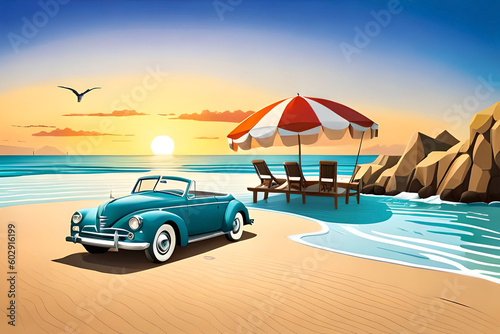 summer-themed banners for travel websites with elements like a beach resort, a scenic drive © Beste stock