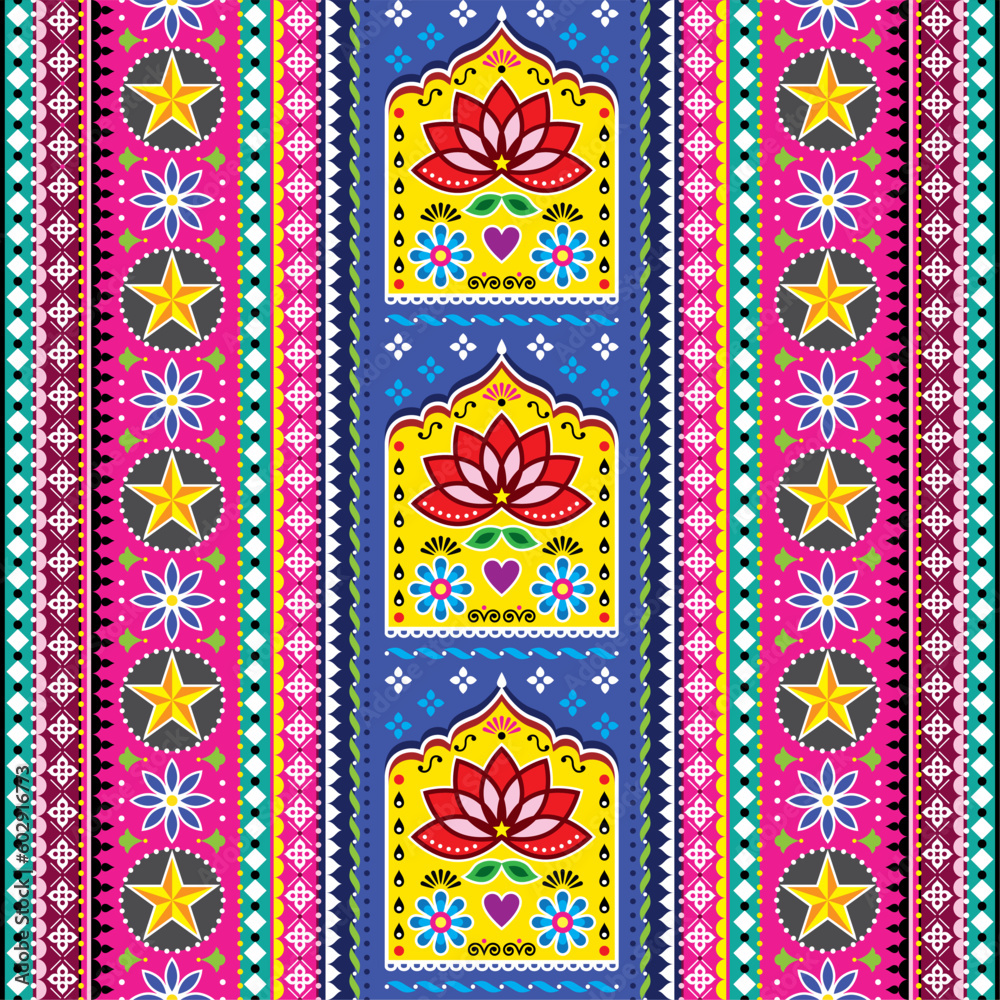 	
Pakistani or Indian truck art seamless vector vertical pattern with lotus flowers and leaves, background inspired by jingle trucks