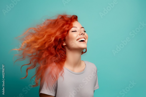 Enthusiastic Girl Model Bright Portrait: Vibrant Colors, Dynamic Pose, Emotionally Cheerful Smile, Aesthetic Trending Style in Studio Backdrop - Perfect for Positive, Trendy Design & Photography