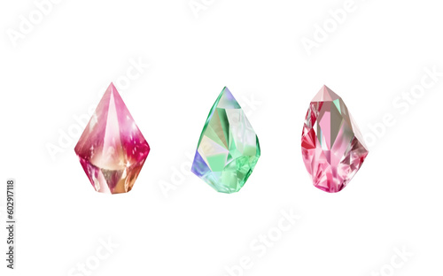 A collection of images of diamonds of various geometric shapes, colors and sizes.Glass shiny crystals with different shades reflecting light.Vector realistic set of glow gemstone or colorful ice.