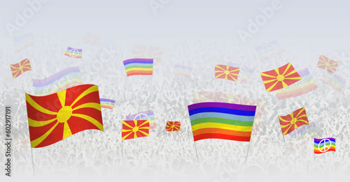 People waving Peace flags and flags of North Macedonia. Illustration of throng celebrating or protesting with flag of North Macedonia and the peace flag.