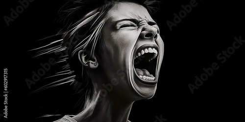 Depressed woman shouting isolated in a black background. Nervous breakdown, negative emotions, depression, hopelessness, grief emotion. Generative AI
