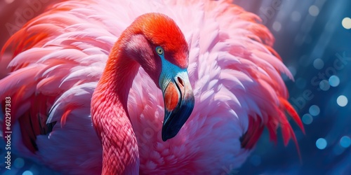 AI Generated. AI Generative.  Pink color cute flamingo bird. Vacation rest party vibe.Graphic Art
