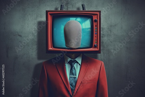 A man in a red jacket with a television head, in the style of the 1970s. Generative AI