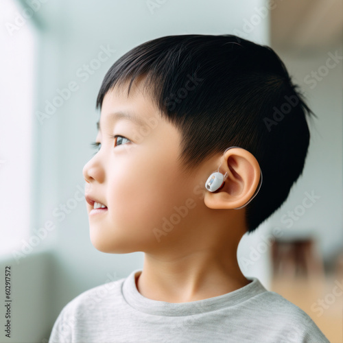 Hearing aid in kids ear. Toddler child wearing a hearing aid at home. Disabled child, disability and deafness concept. generative ai
