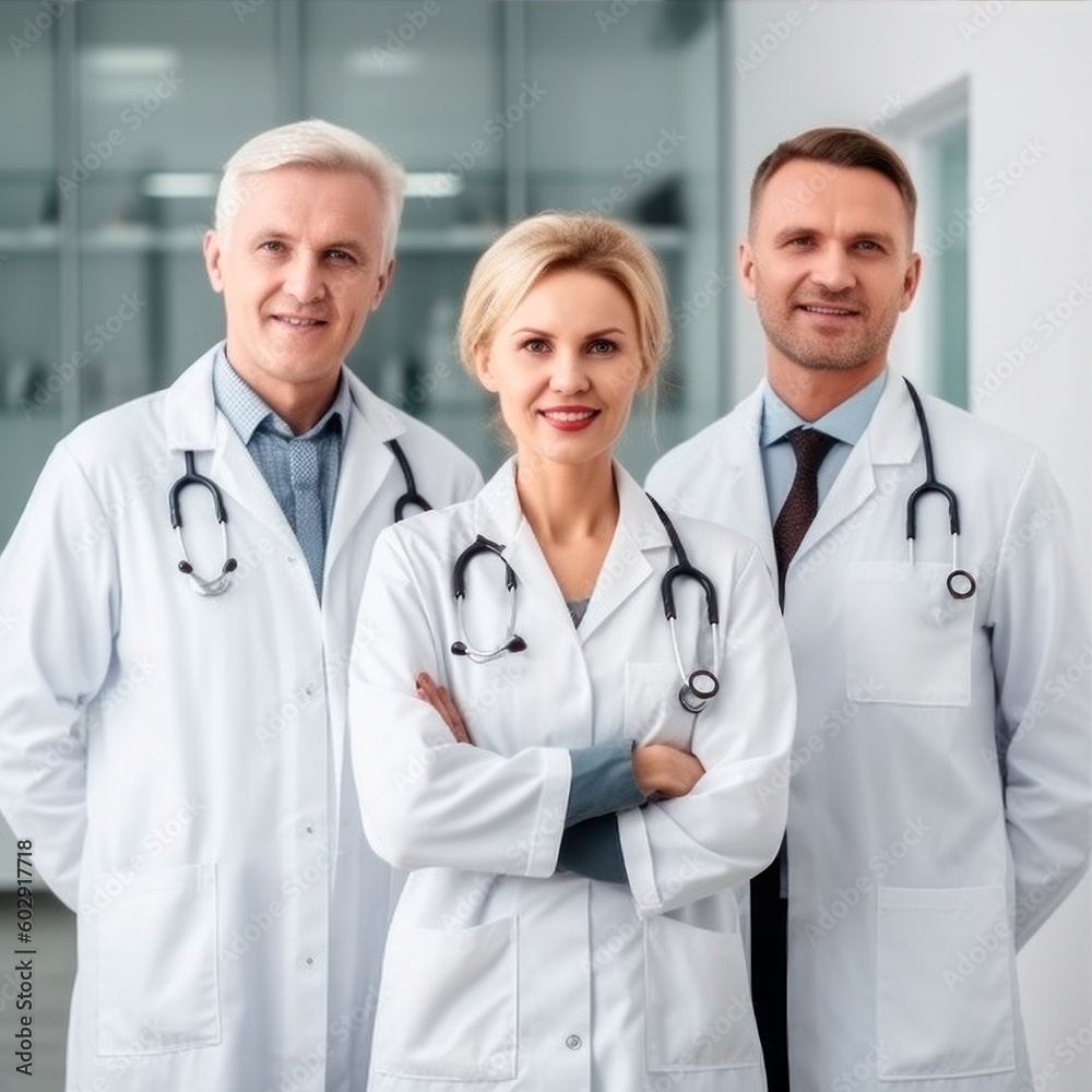 portrait of 3 smiling doctors in white coats portrait of 3 smiling doctors in white coats