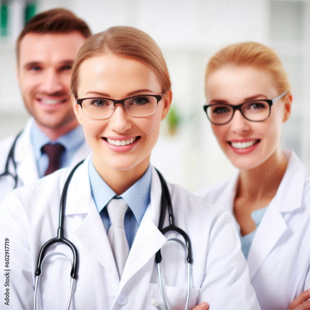 portrait of 3 smiling doctors in white coats portrait of 3 smiling doctors in white coats