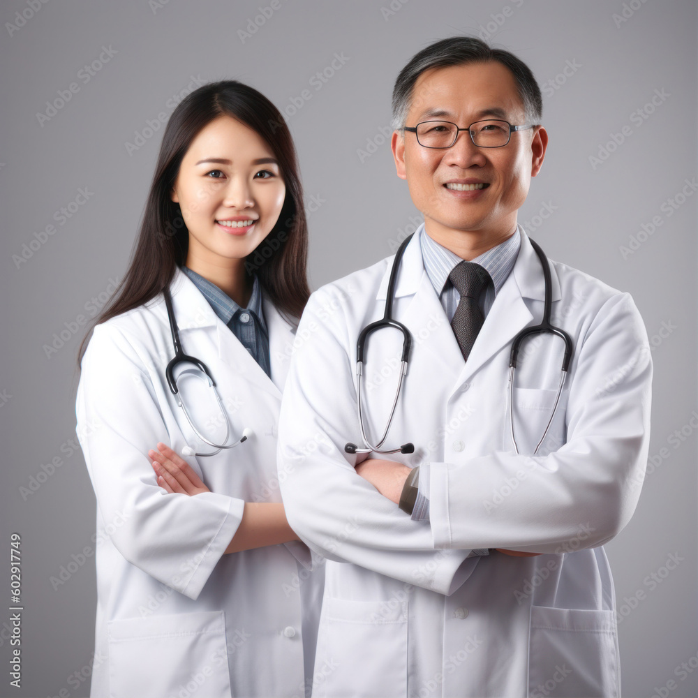 portrait of 2 smiling doctors in white coats portrait of 2 smiling doctors in white coats