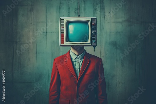 A man in a red jacket with a television head, in the style of the 1970s. Generative AI