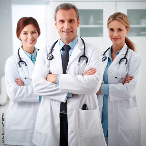 portrait of 3 smiling doctors in white coats