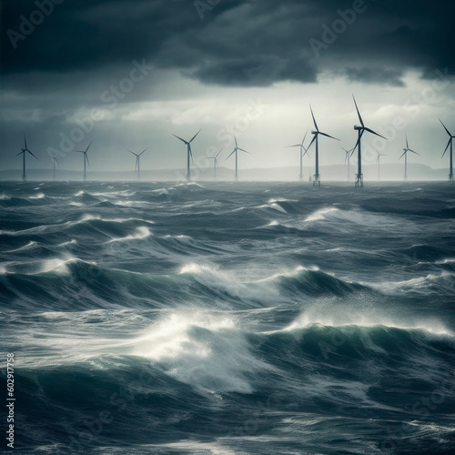 windturbine in a rough sea with big waves