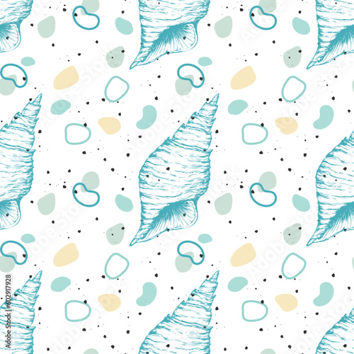 Marine oceanic pattern with blue Seashell hand drawn. Vector illustration