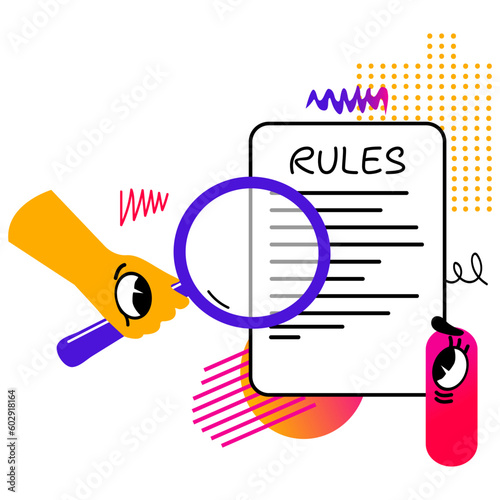 Concept of learning the rules. Abstract cute doodle geometric elements. Reading document with rules of conduct. Study of compliance with regulatory requirements, instructions, manuals, list of terms